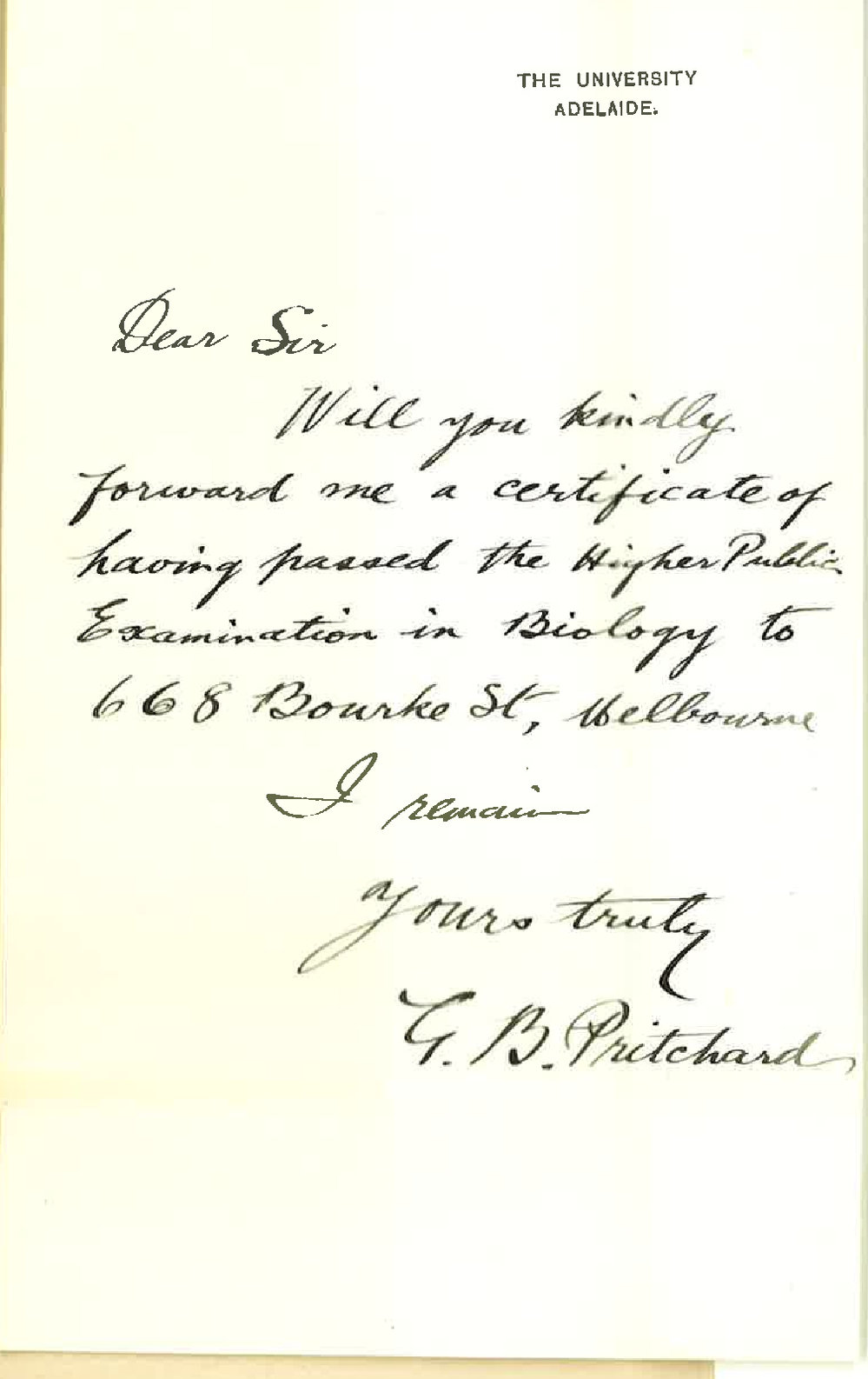 G B Pritchard - The University - Higher Public Certificate