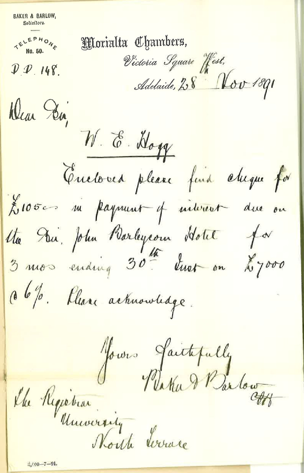Messrs Baker and Barlow - Victoria Square - Payment of Interest for Mr W E Hogg