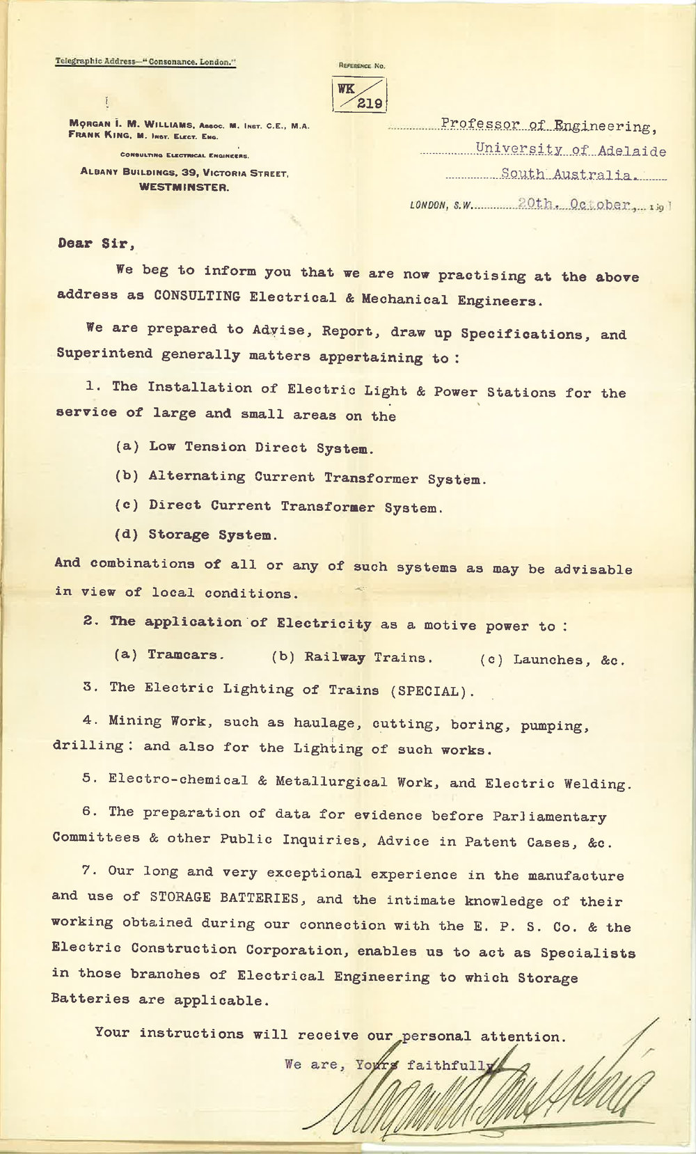 Morgan Williams and Frank King - Messrs Williams and King - London - Concerning Electrical and Mechanical Apparatus