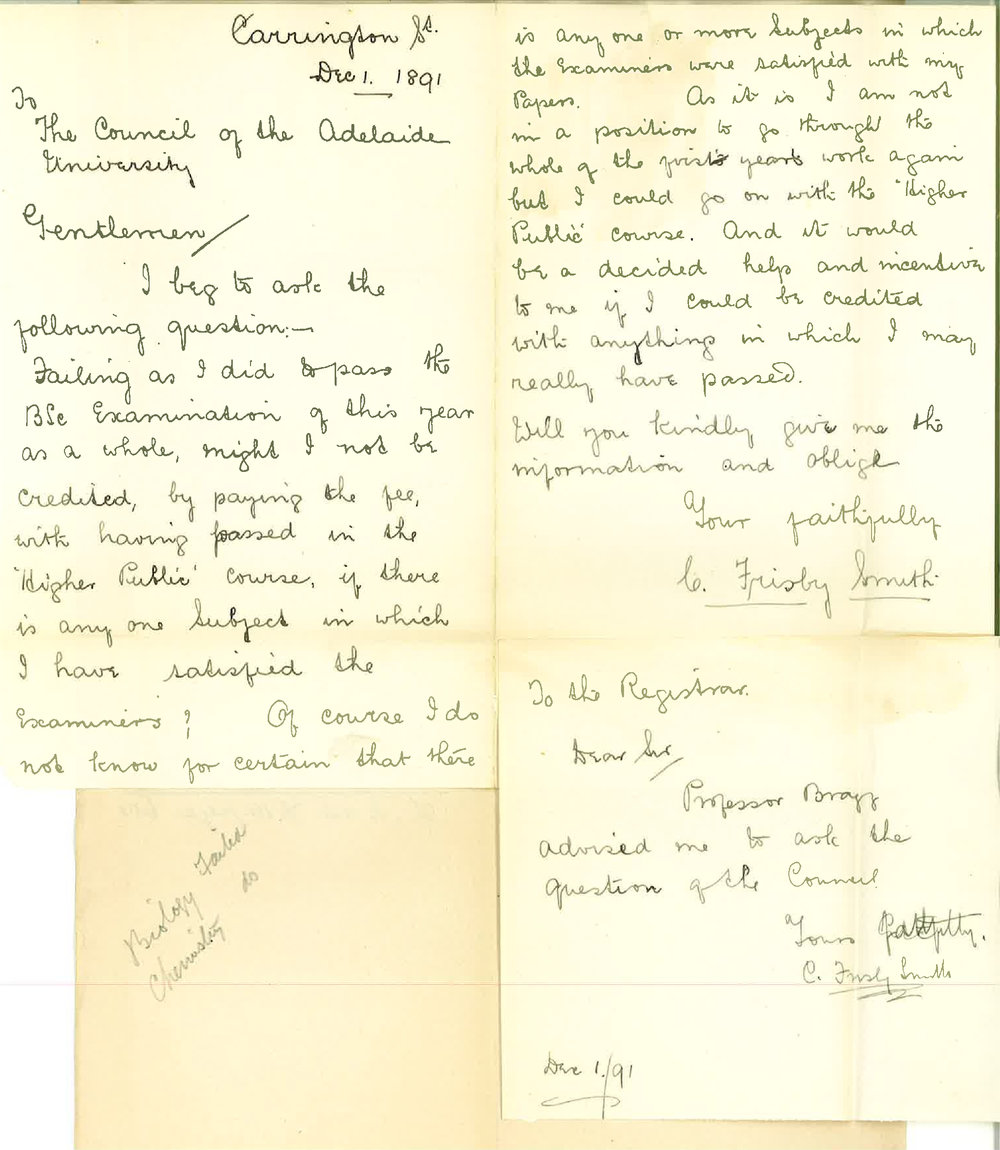 Reverend C Frisby Smith - Adelaide - Asking to be credited with those subjects in which he passed at the BSc Examination
