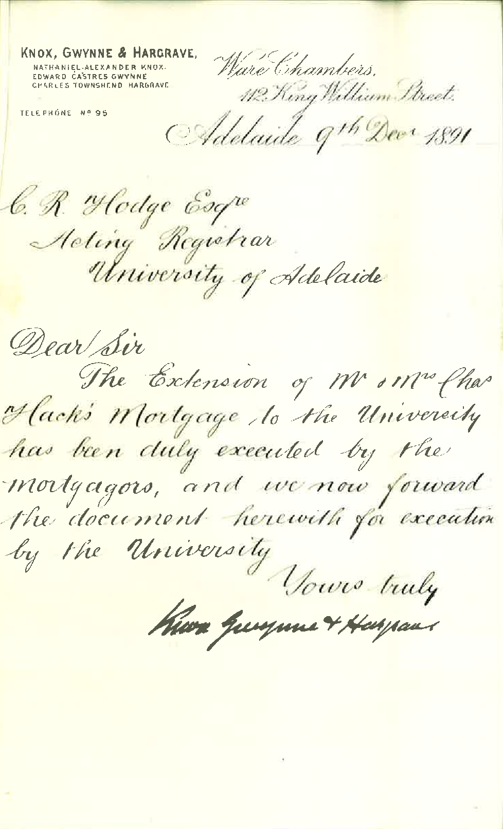 Knox Gwynne and Hargrave - King William Street Adelaide - Extension of Mortgage Charles Hack