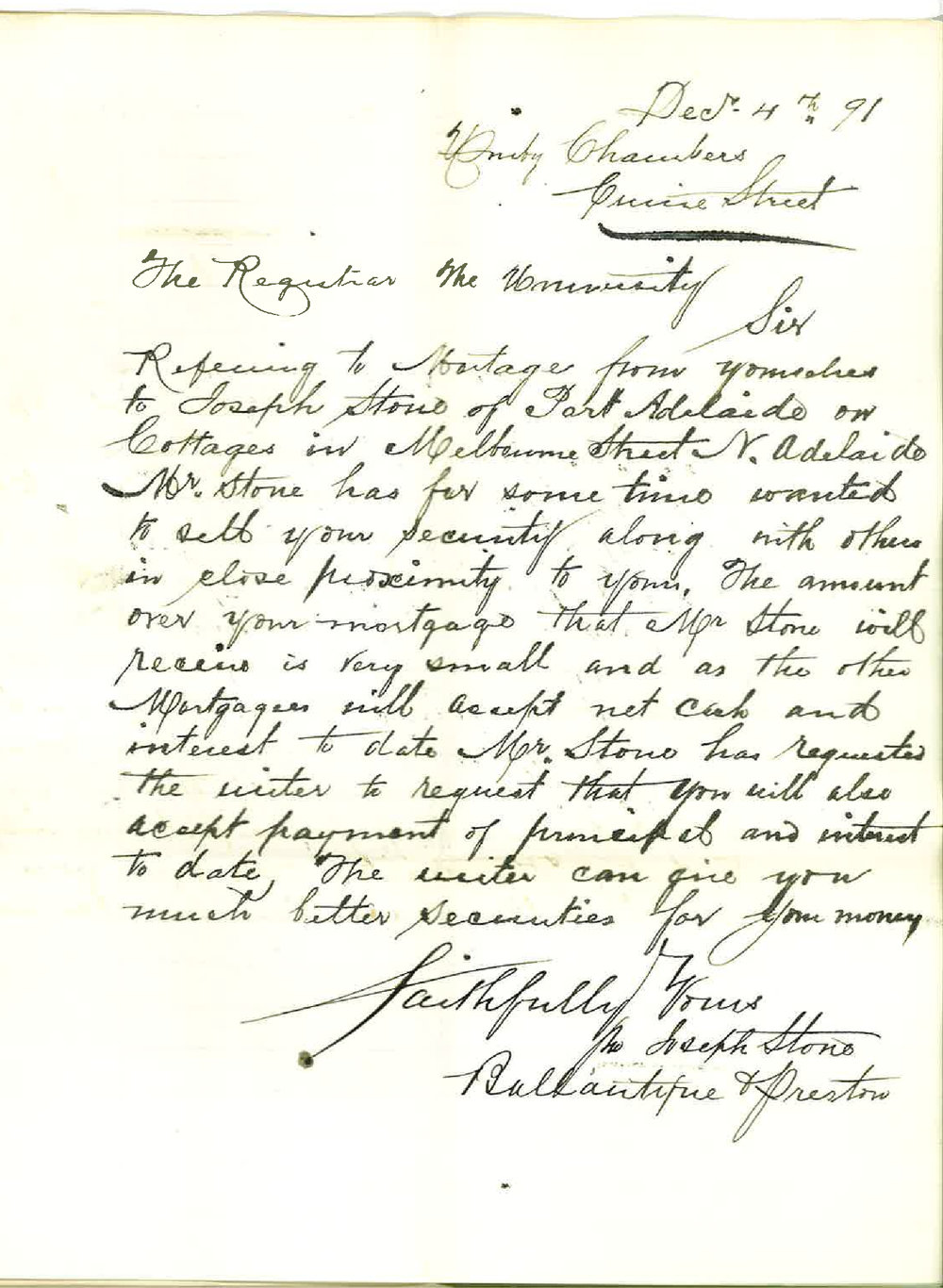 Ballantyne and Preston - Currie Street - Loan on Mortgage Re discharge of Joseph Stones Mortgages