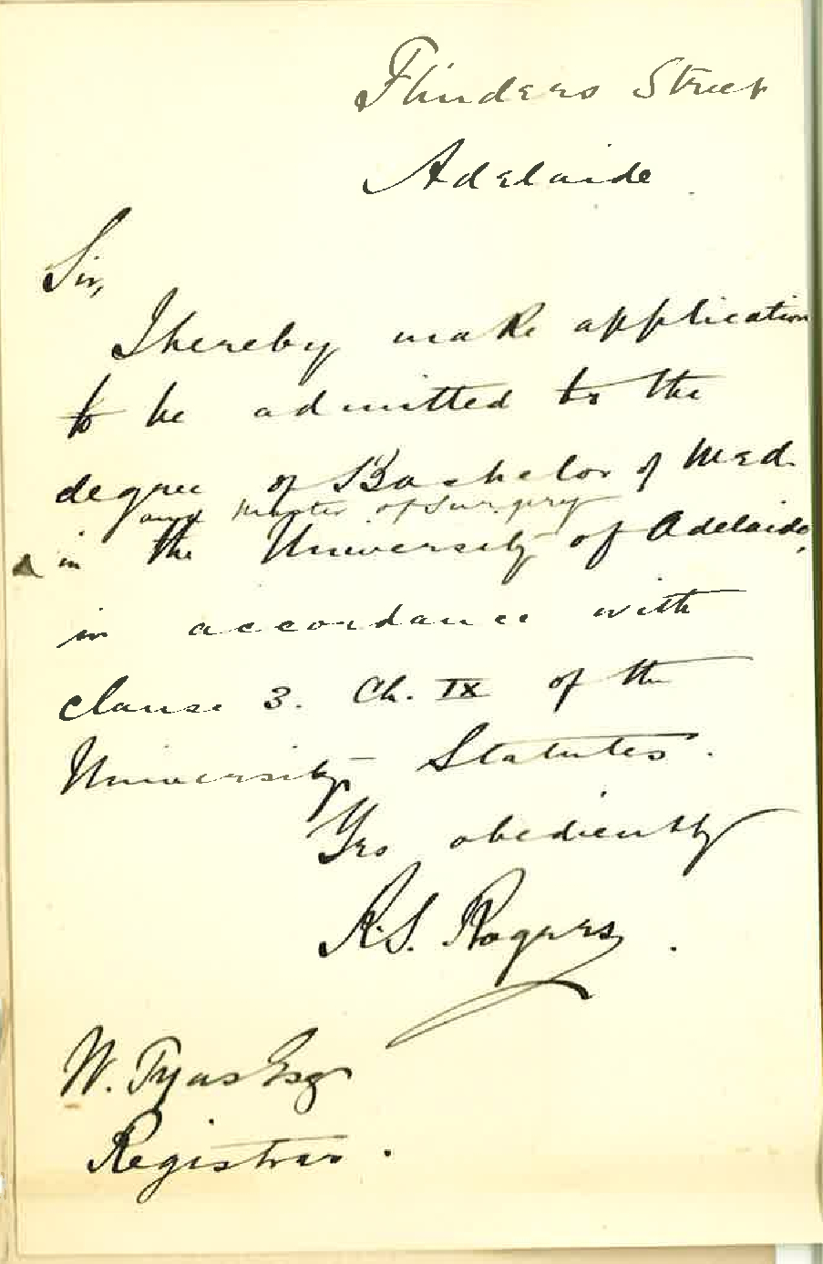 Dr R S Rogers - Application Admission Ad Eundem Gradum MB and ChM Degrees