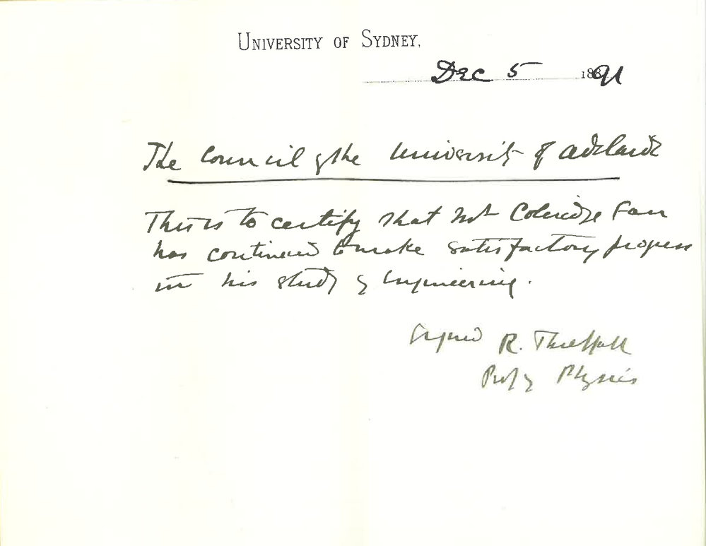 Professor Richard Threlfall - Sydney - Certificate of progress Mr C C Farr