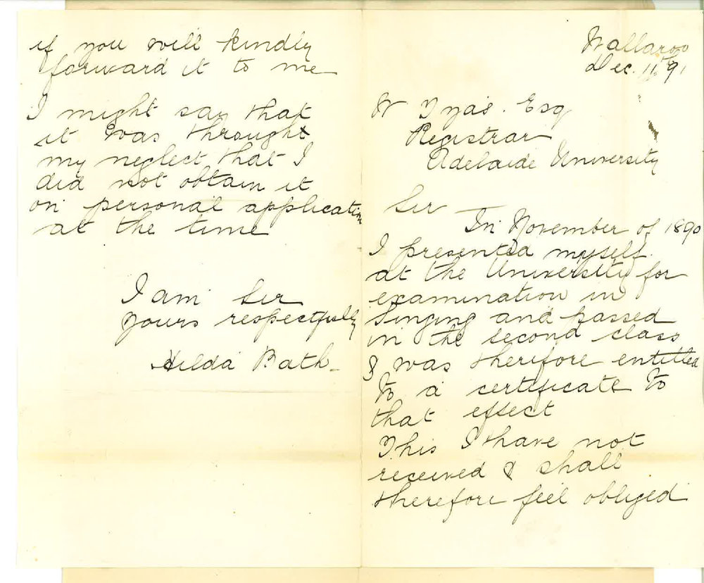 Miss Hilda Bath - Wallaroo - Certificate for Music Examination