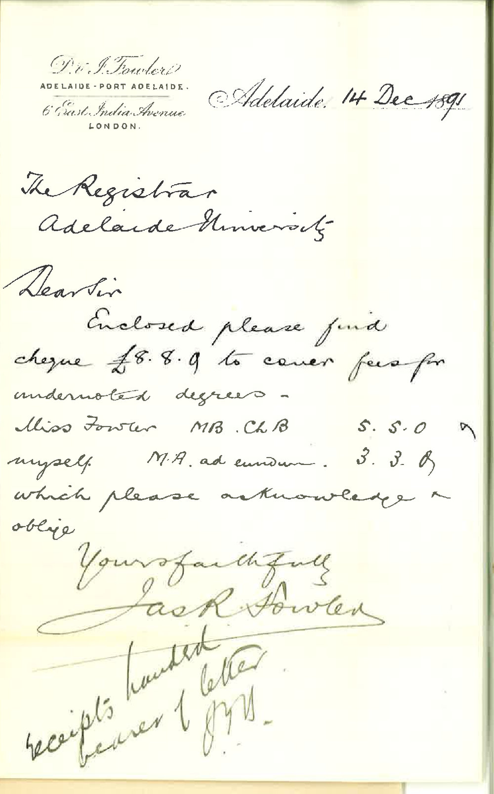 James Fowler - Adelaide - Fees for degree