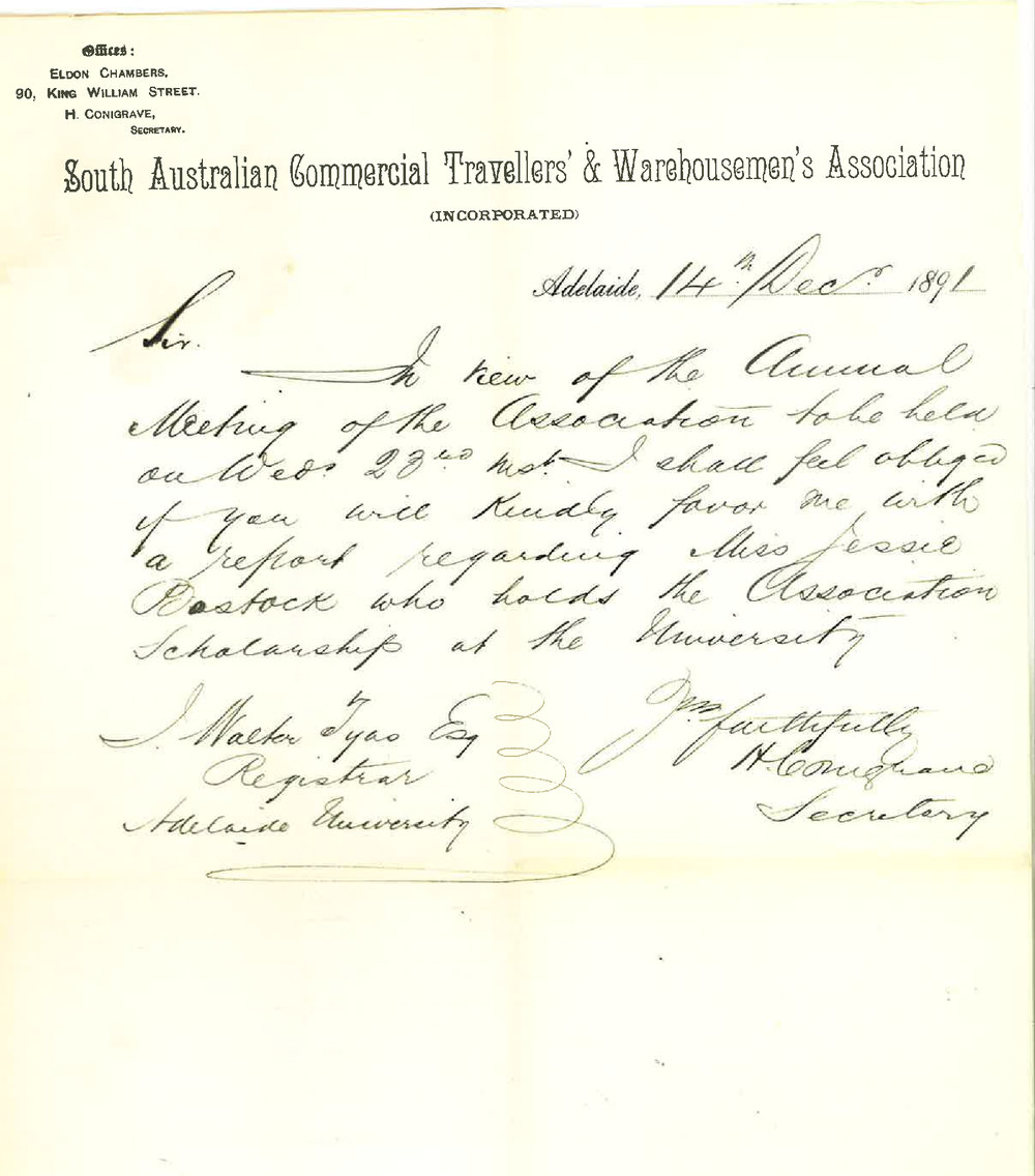 John Fairfax Conigrave - Commercial Travellers Association - Adelaide - Asking for report re Scholar