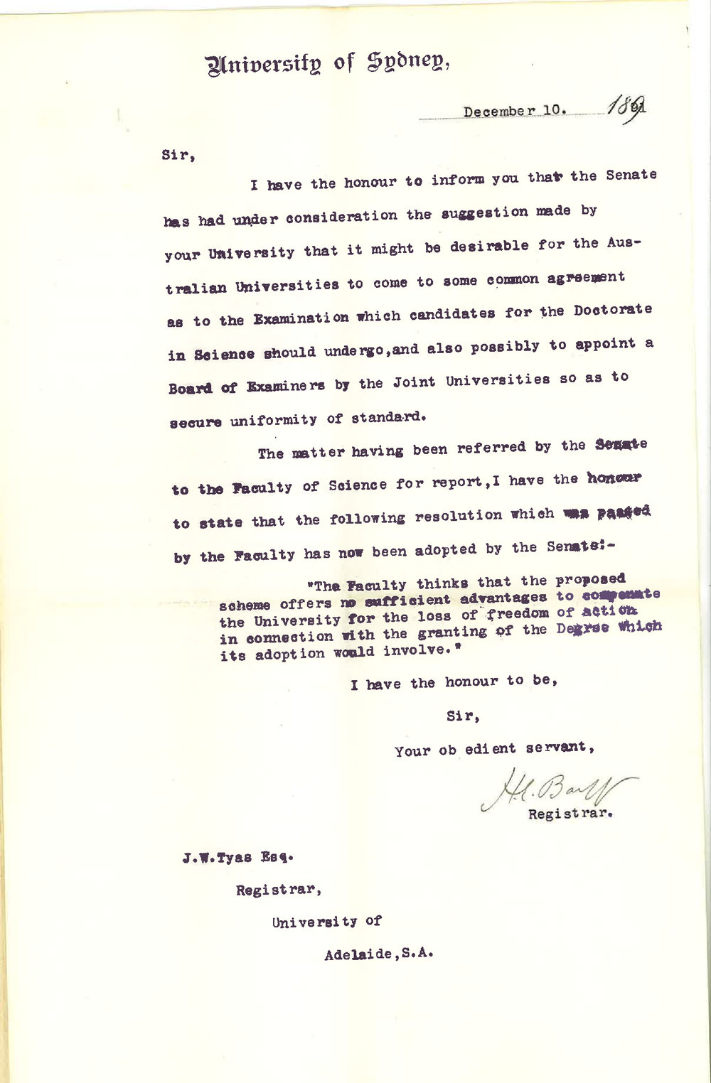 Henry Ebenezer Barff - Registrar - University of Sydney - Re proposals for Examination for Doctor of Science Degree