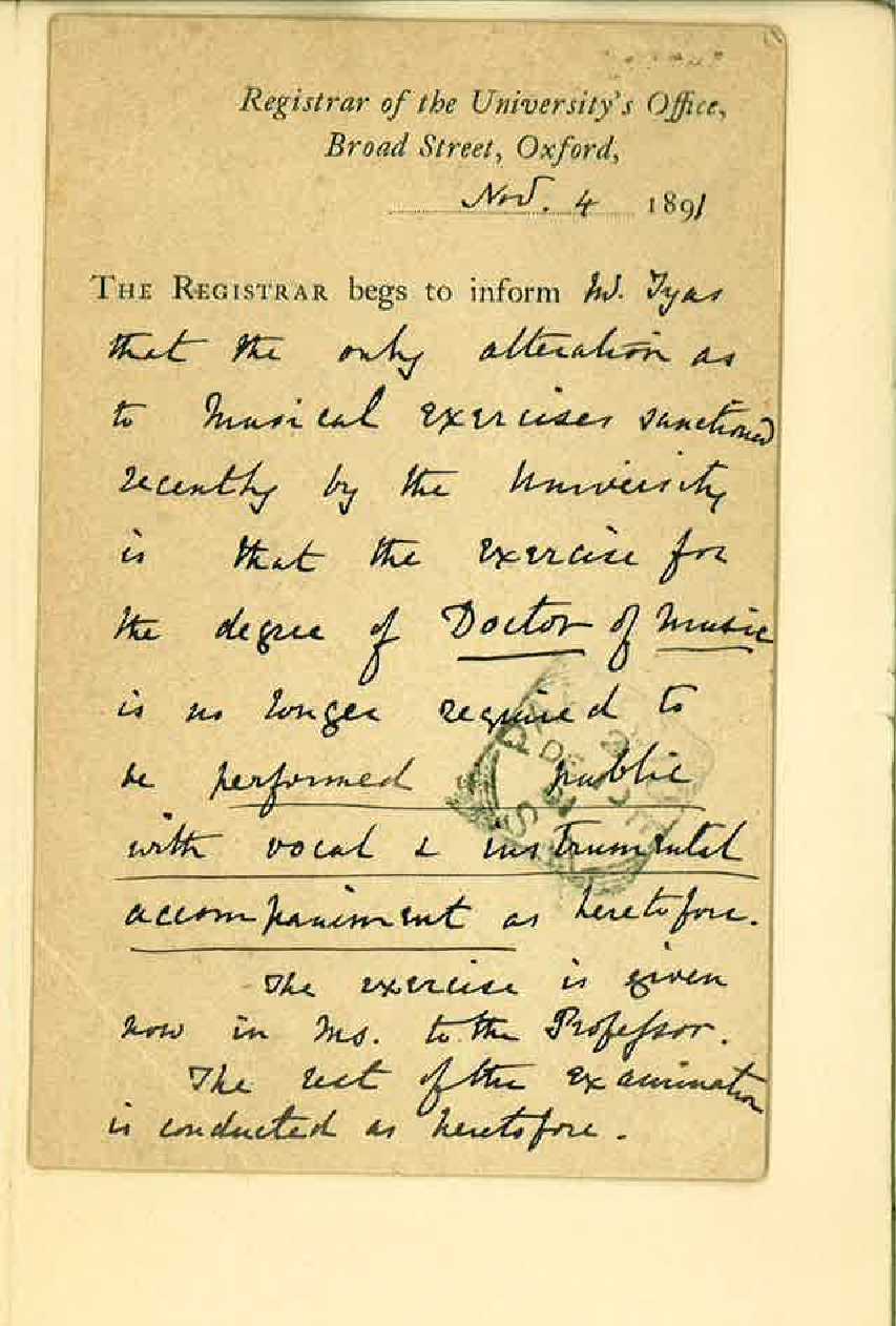 Edward Turner - The Registrar - University of Oxford - Re Exercise for the degree of Music Bac