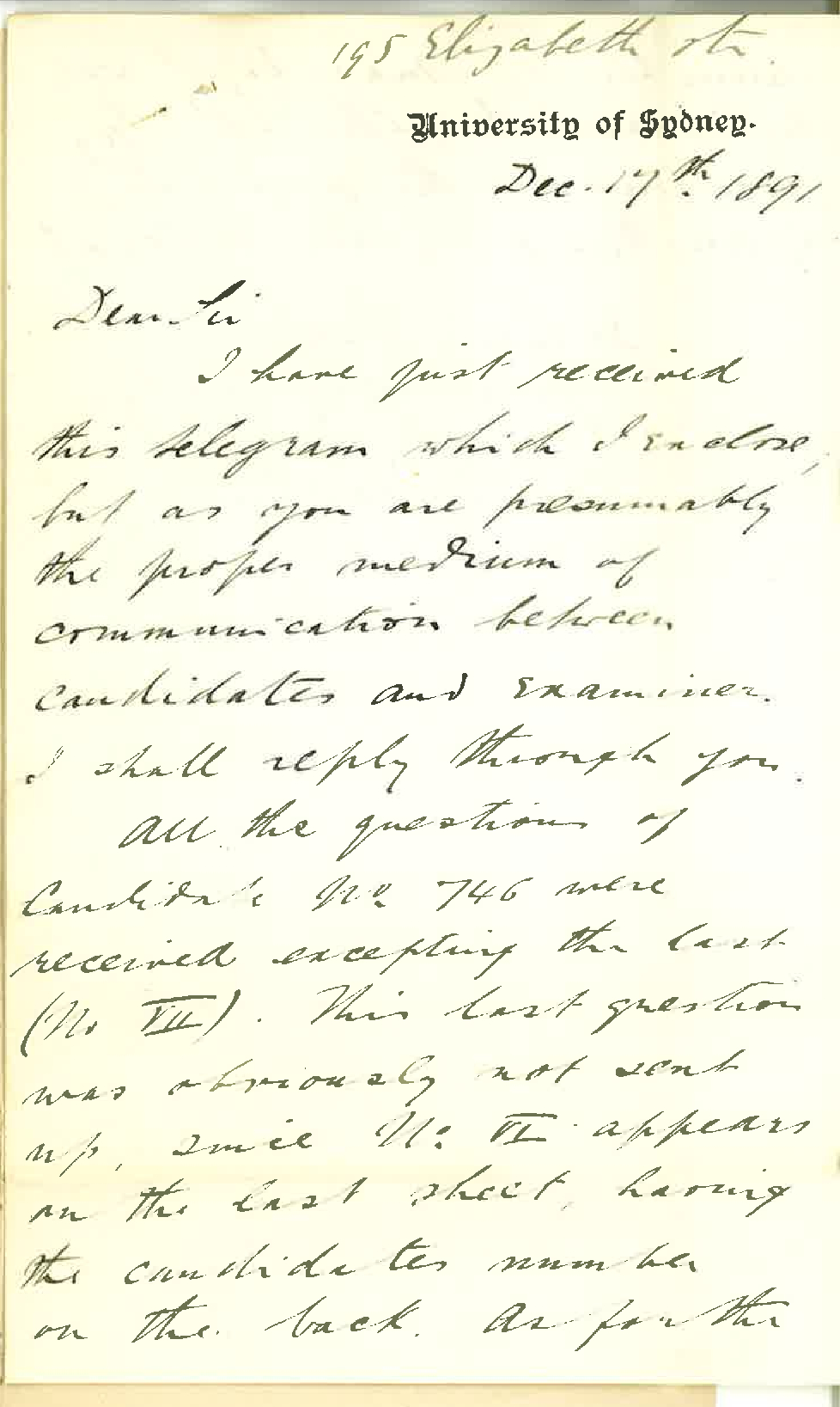 Emil J Trechmann - University of Sydney - No 746 Examination in French Senior Public