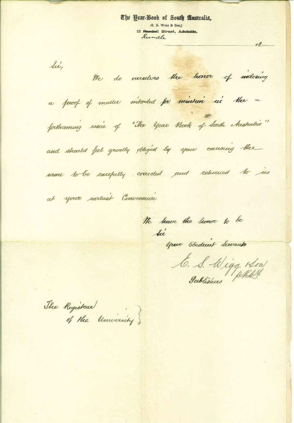 Edgar Smith Wigg - E S Wigg and Son - Adelaide - Re matter for insertion in Year Book of SA
