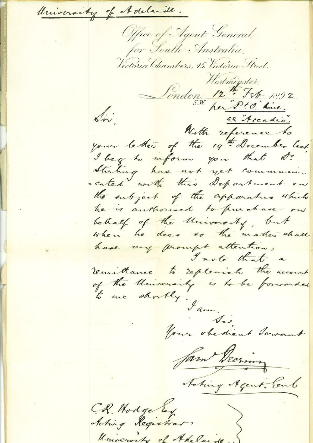 Samuel Deering - Office of the Agent General for South Australia - London - Dr Stirling and the Purchase of Apparatus