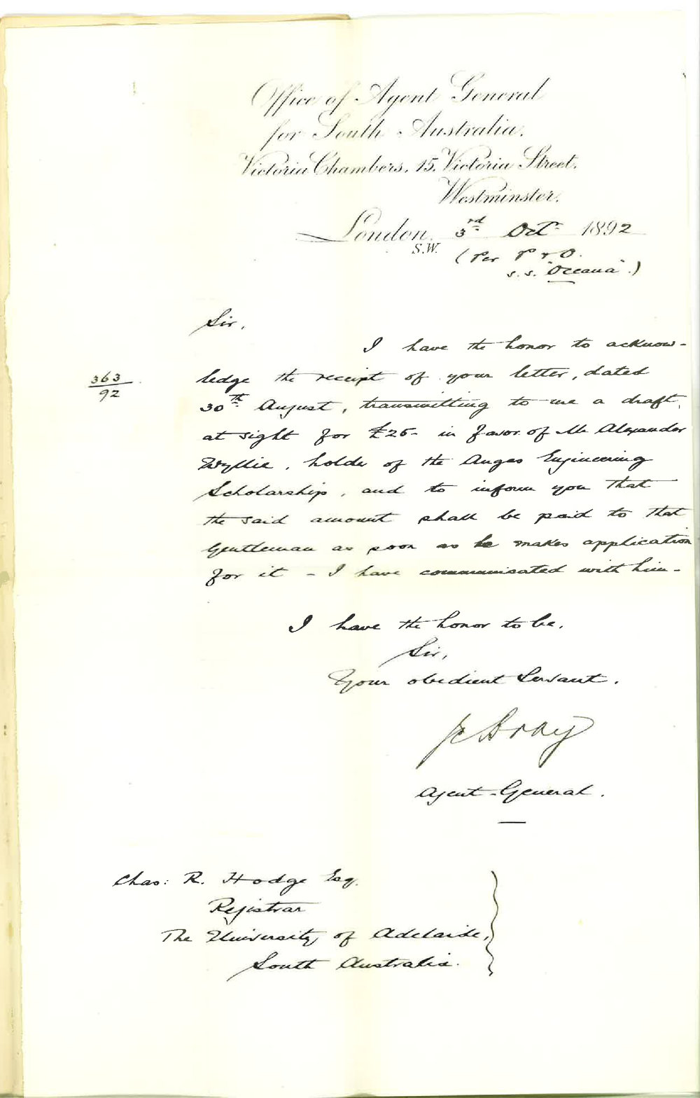 John Cox Bray - Office of the Agent General for South Australia - London - Receipt of Draft for Angas Scholar