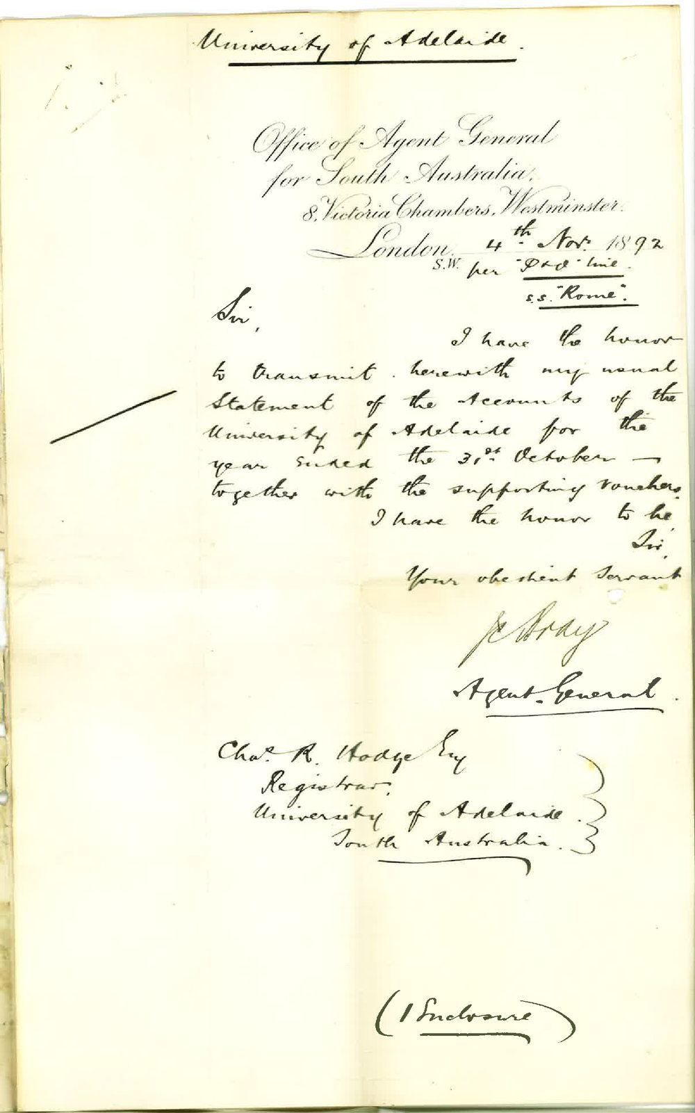 John Cox Bray - Office of the Agent General for South Australia - London - Annual Statement of Accounts for Year Ended 31 October 1892