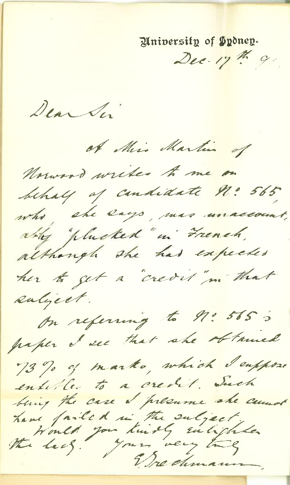 Emil Trechmann - University of Sydney - Examination in French of Candidate Number 565 Senior Enquiry by Miss Martin