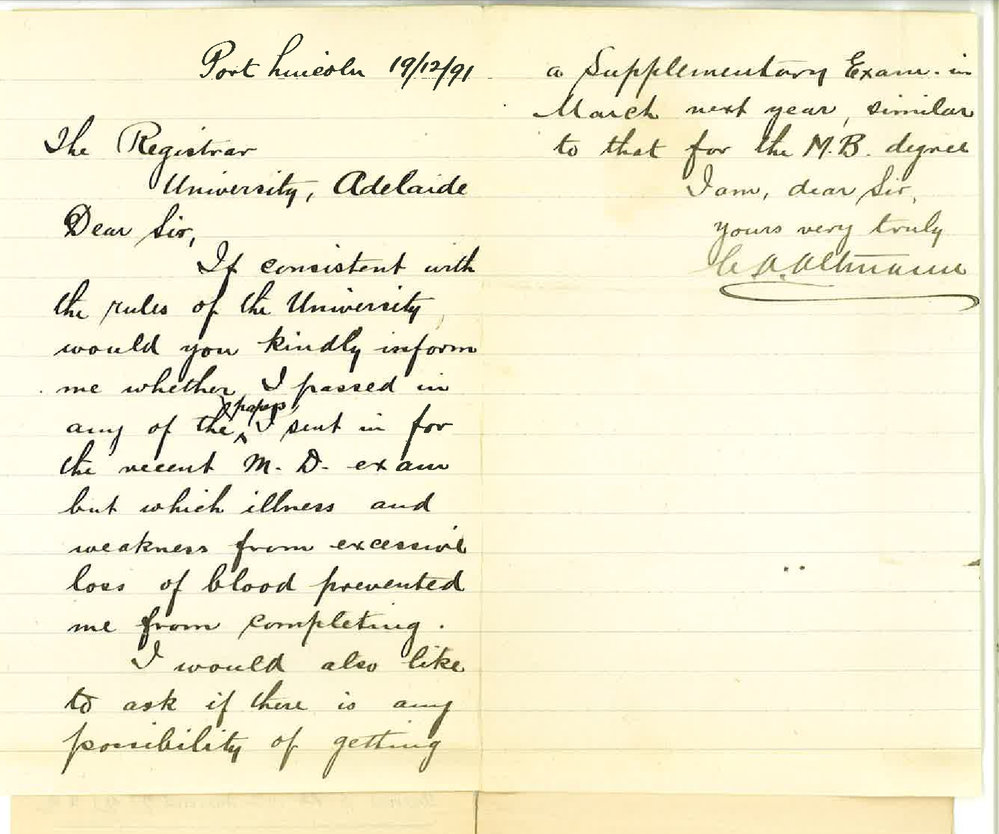 Charles August Altmann - Port Lincoln - Requesting information Regarding MD Examination