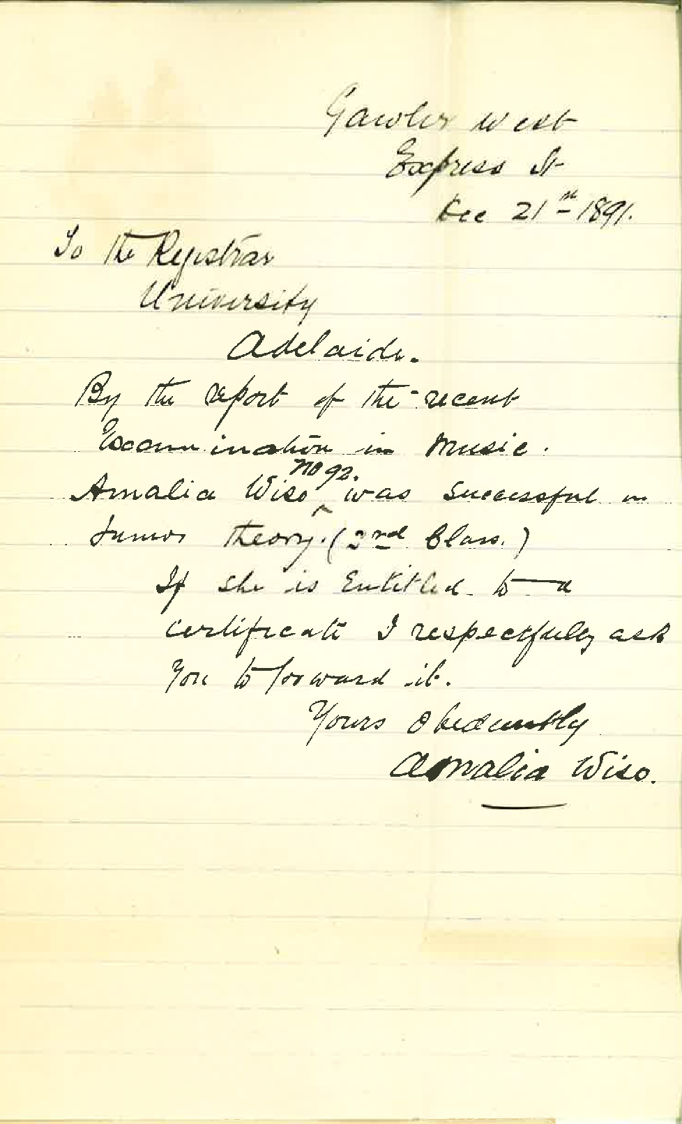 Amalia Beal Wise - Asking for Certificate of Junior Music Examination to be Posted