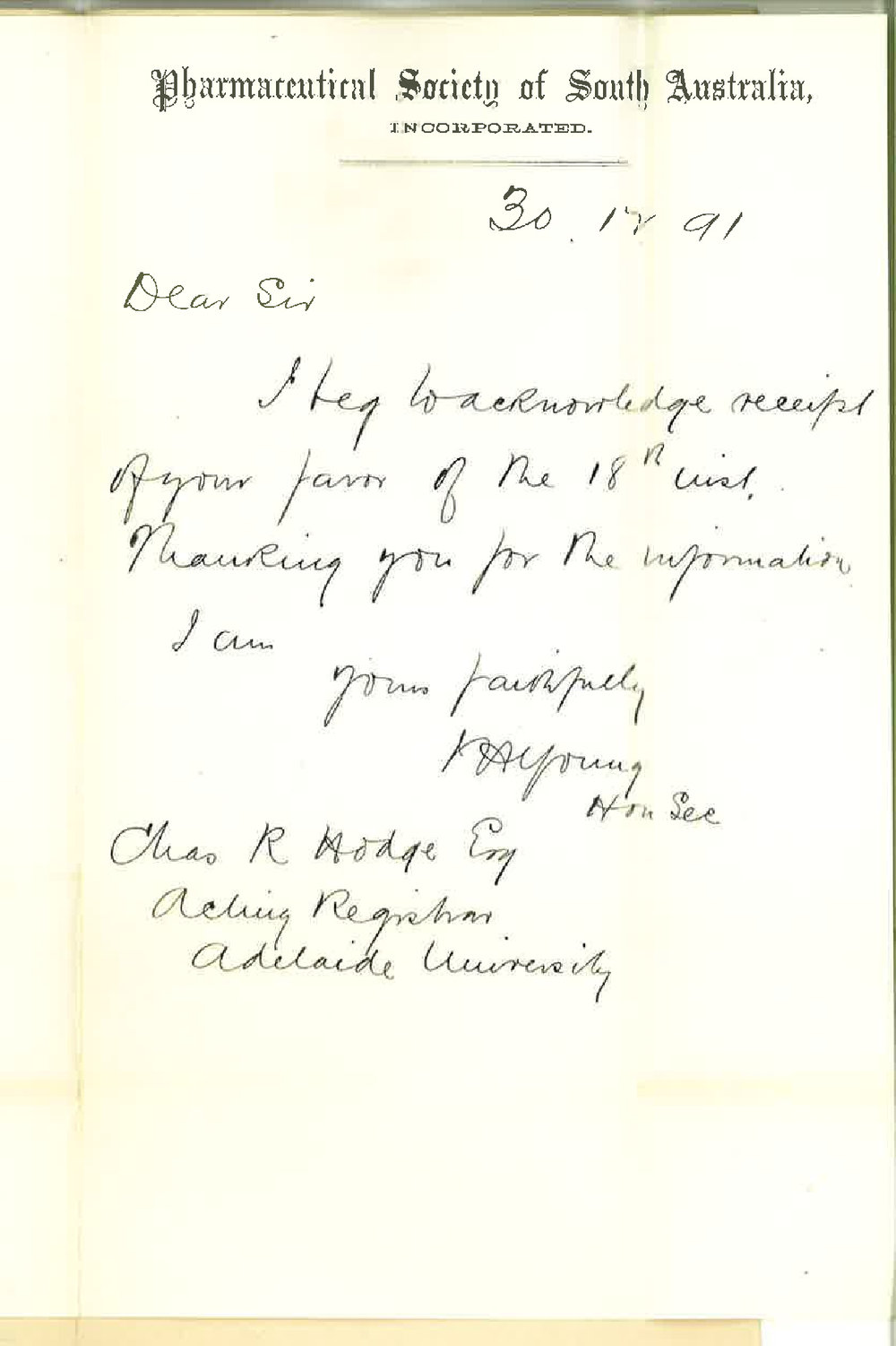 I A Young - Secretary - Pharmaceutical Society of South Australia - Thanks for Information in University's Letter of 18 December