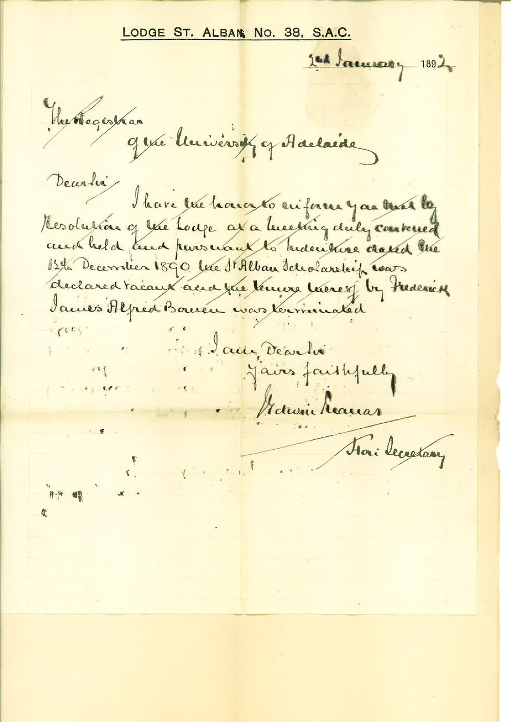 J Edwin Thomas - Honorary Secretary - Lodge St Alban - St Albans Scholarship Declared Vacant