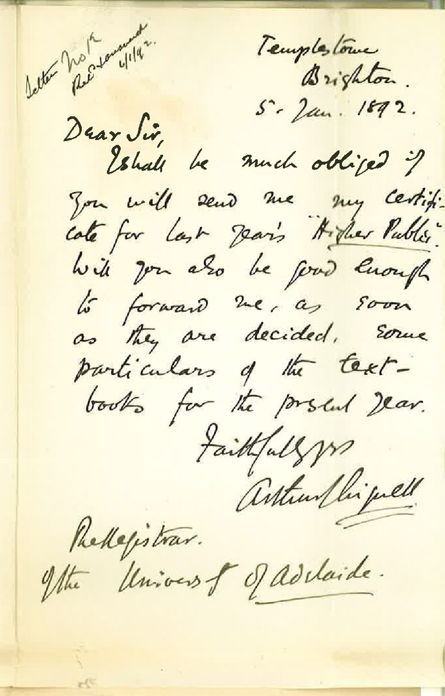 Arthur Chignell - Brighton - Asking for Higher Public Certificate and Information regarding textbooks for present year