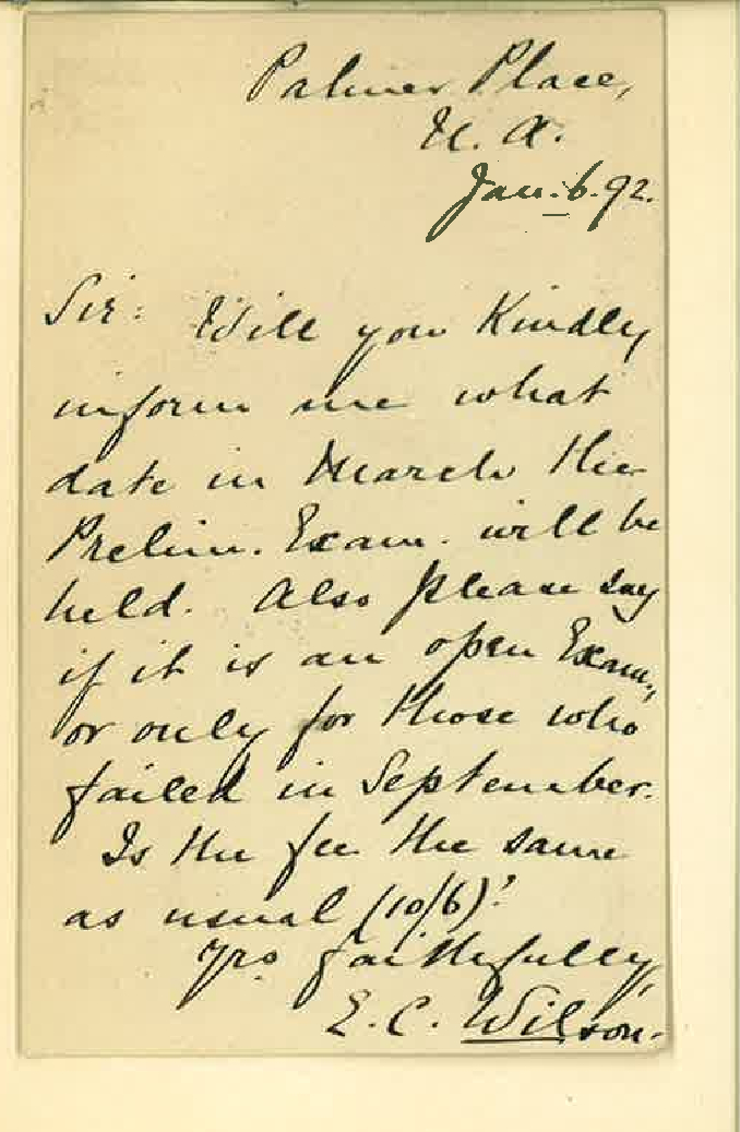 E C Wilson - Palmer Place - Enquiring Date of Preliminary Exam in March etc