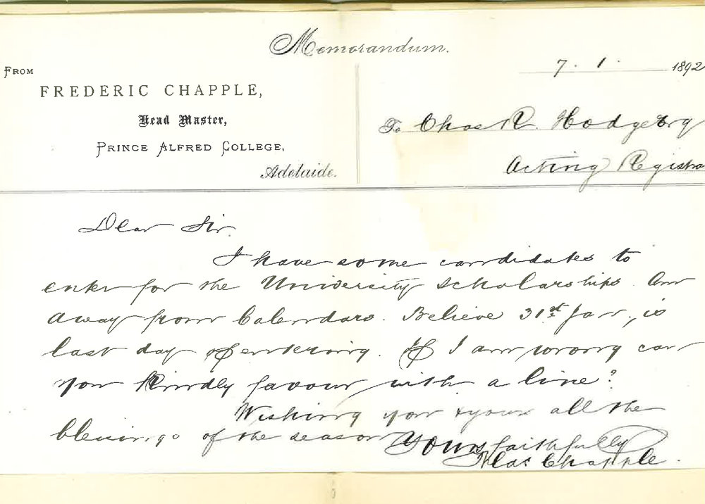 Frederic C Chapple - Prince Alfred College - Enquiring Date of Scholarships Exam March