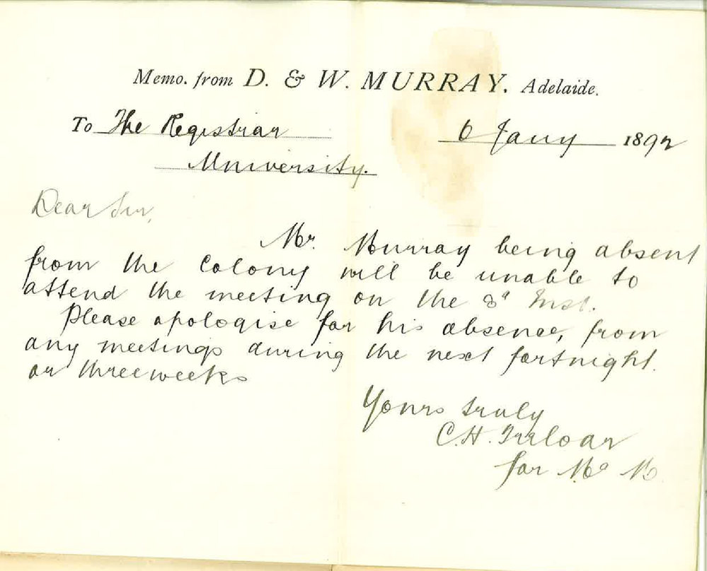 C H Treloar - Adelaide - Mr Murray Cannot Attend Meeting 8 January