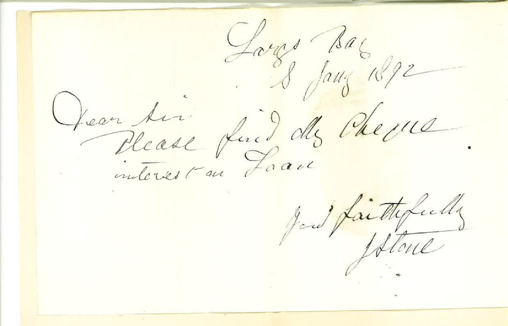 Joseph Stone - Largs Bay - Enclosing Cheque for Interest on Loan