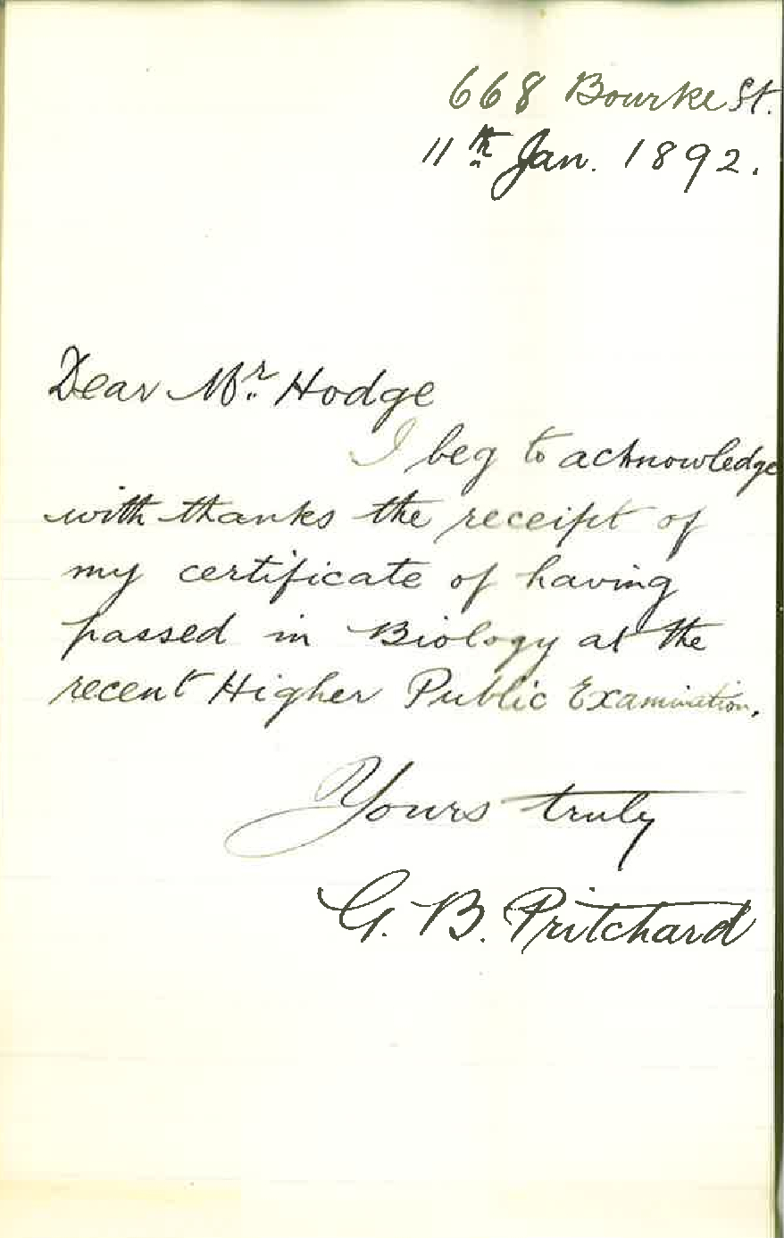 George Baxter Pritchard - Bourke Street Melbourne - Thanks for Certificate in Biology