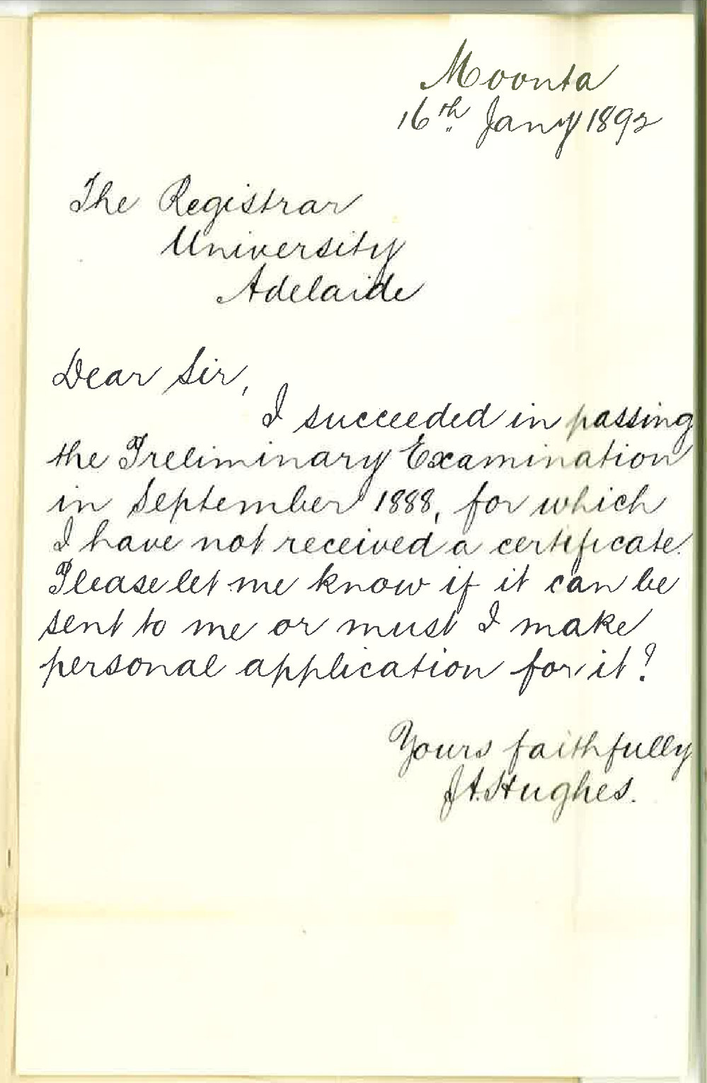 J A Hughes - Moonta - Requesting Certificate for Passing Preliminary Examination