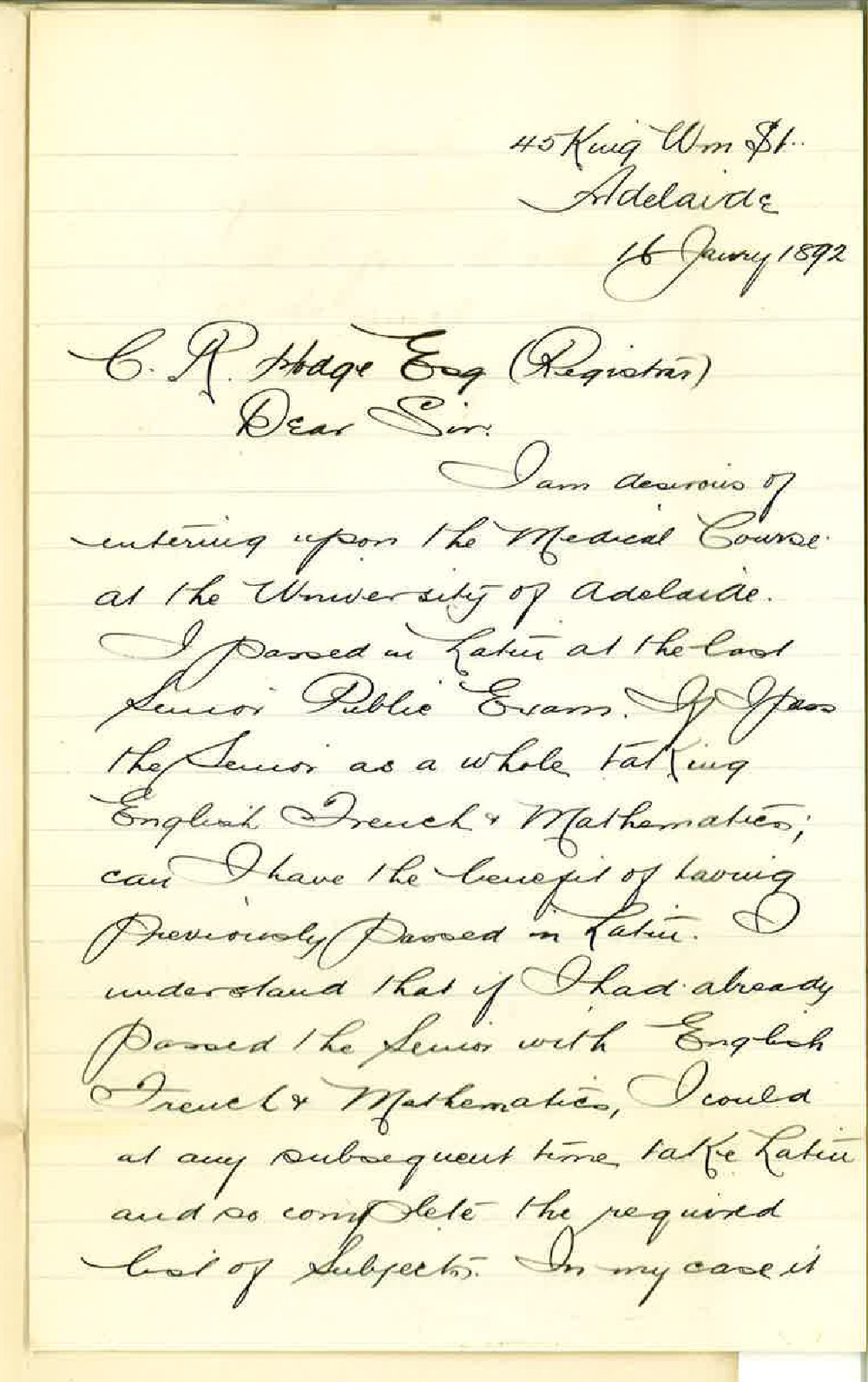 Frank M Willcox - King William Street Adelaide - Enquiry Regarding Medical Course and Entrance Examination