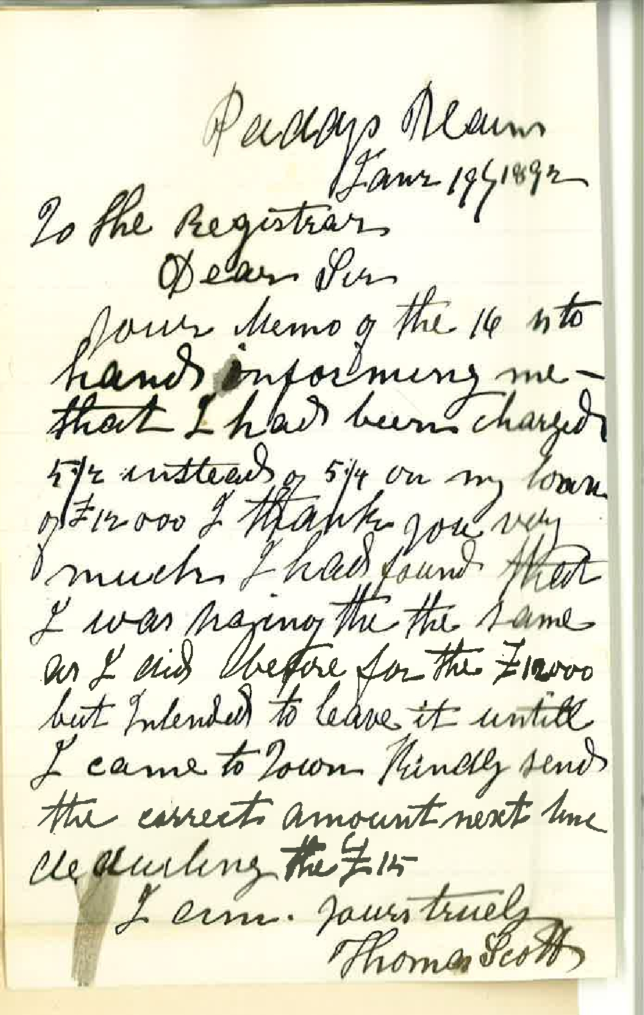 Thomas Scott - Paddys Plains - Thanks for Letter Regarding Overcharge of Interest