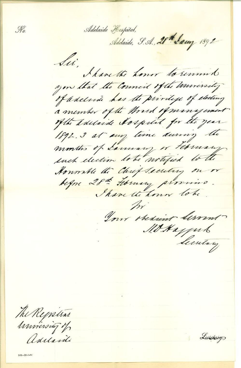 H D Haggart - Secretary - Adelaide Hospital - Reminding the Council they may Elect a Member of Board of Management