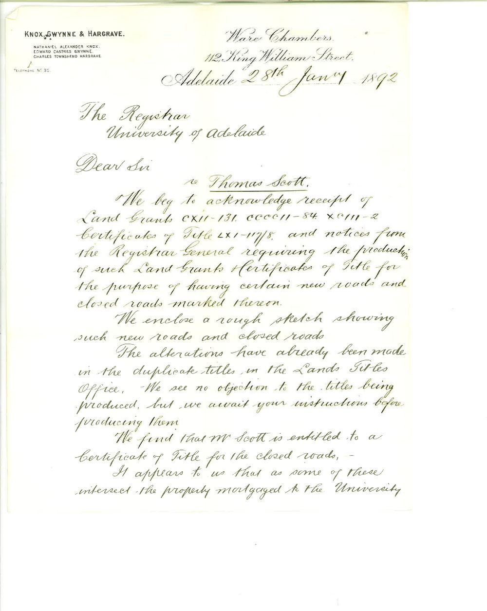 Knox Gwynne and Hargrave - Adelaide - New Road on Thomas Scott's Property