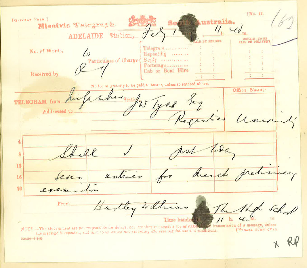 Reverend Hartley Williams - Telegram - Mount Gambier - Regarding Preliminary Examination Duties