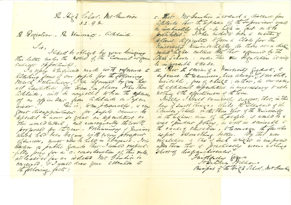 Reverend Hartley Williams - The High School - Mount Gambier - Protest Regarding New Rule Concerning Reading and Dictation Local Examinations