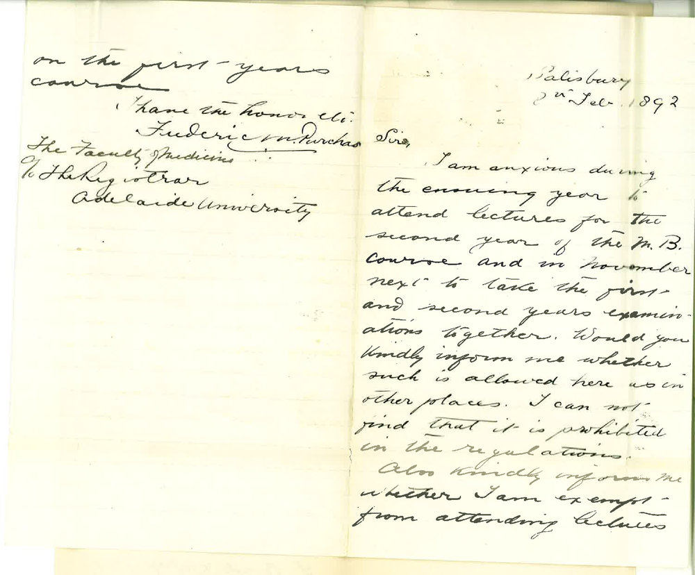 Frederick Maurice Purchas - Salisbury - Asks if he can Proceed with Second Year MB Prior to Completing First Year