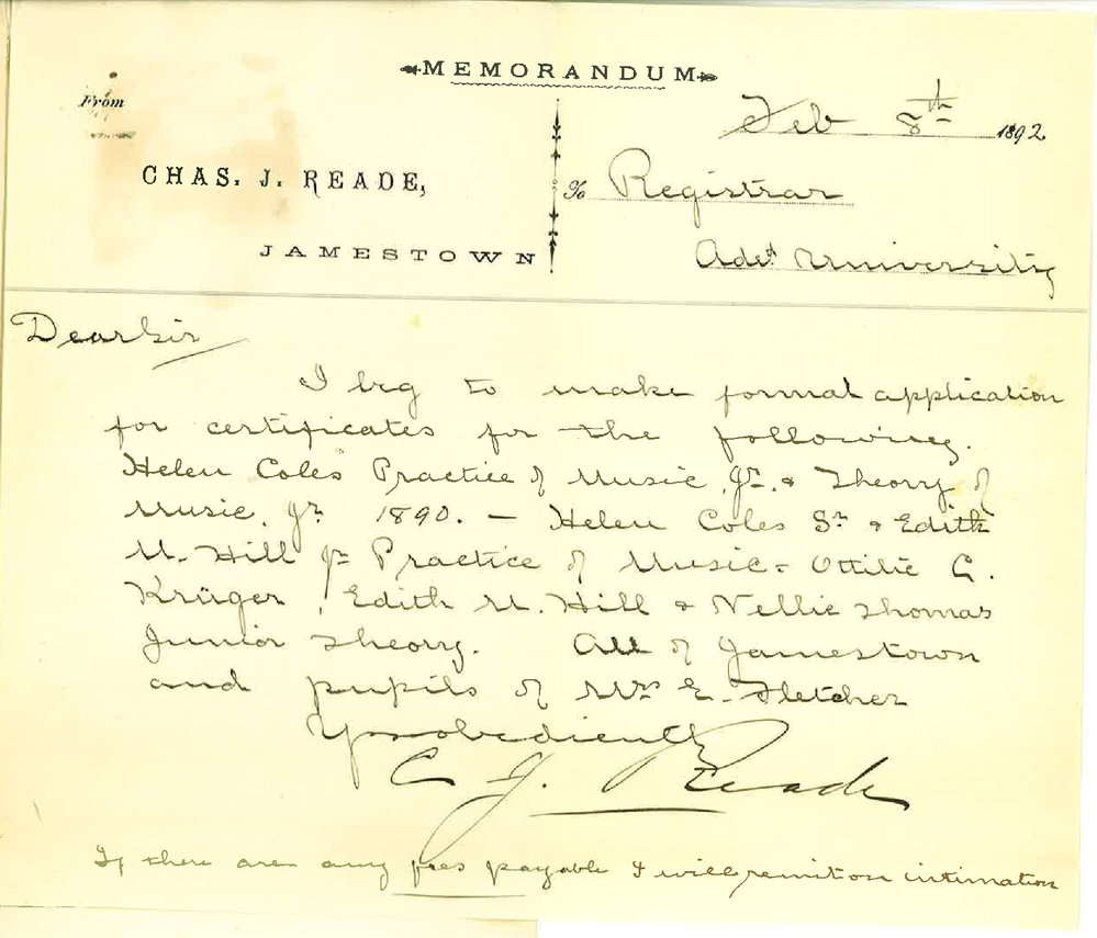Charles J Reade - Jamestown - Asks for Music Certificates for Jamestown Candidates