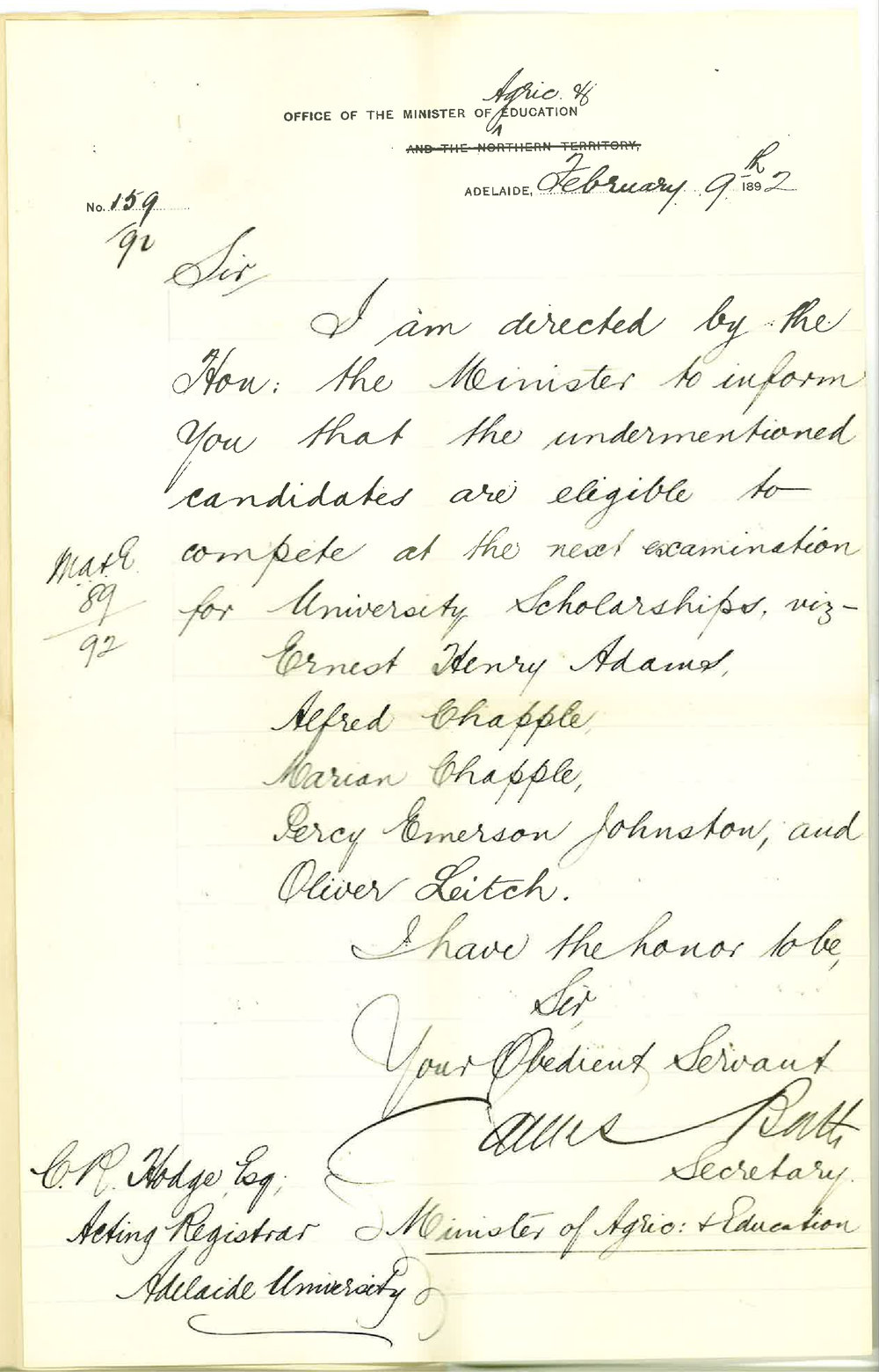 James Bath - Secretary - Office of the Minister of Agriculture and Education - Adelaide - Entries for University Scholarships Examination March 1892