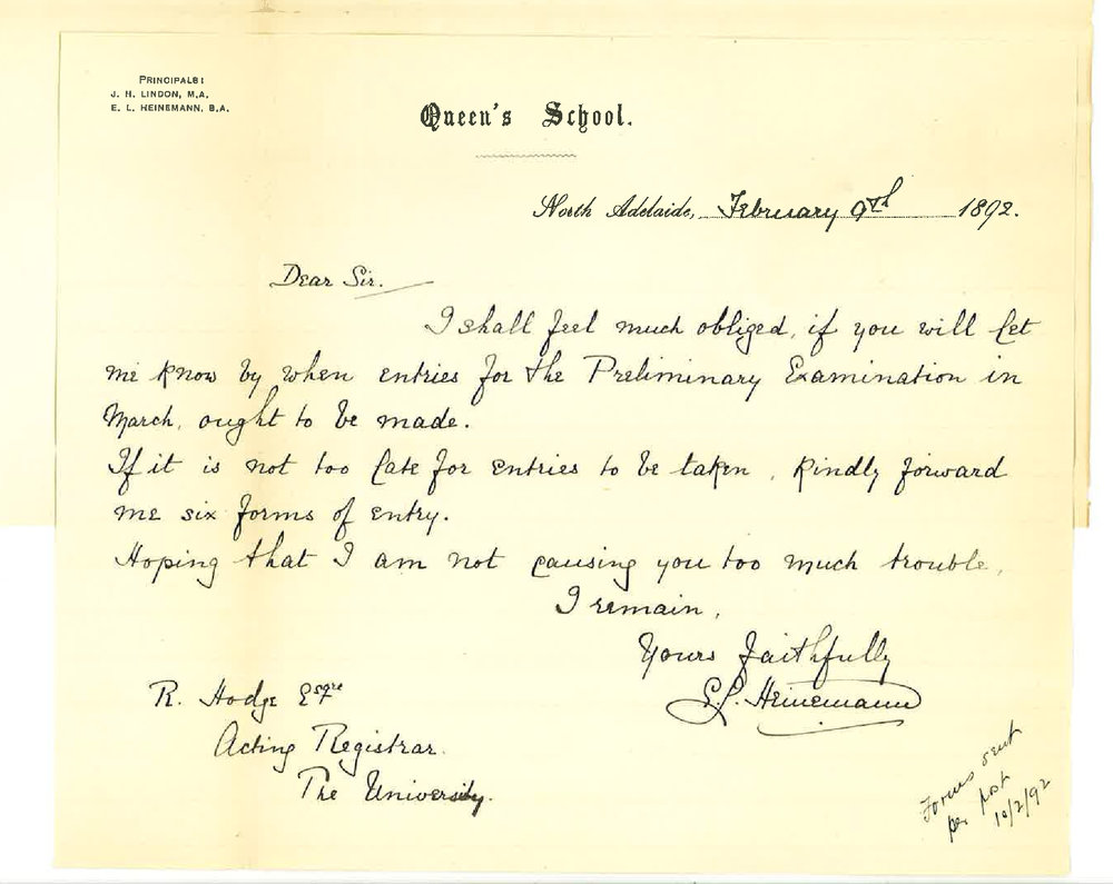 Edmund Lewis Heinemann - Queens School - North Adelaide - Enquiry Date Entries Close for Preliminary