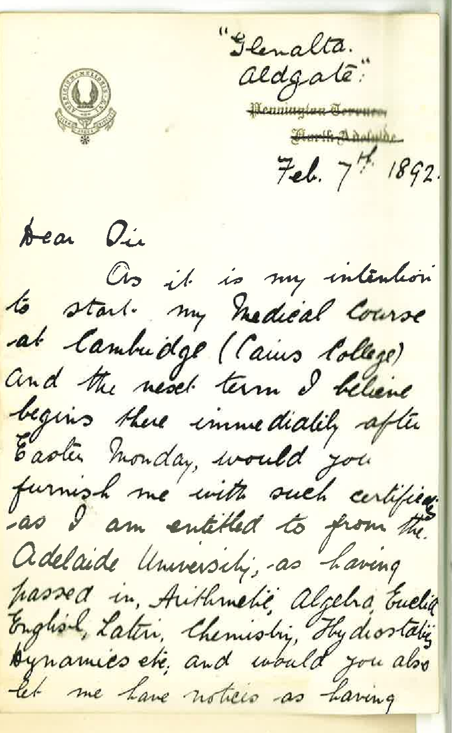 Sir John Henry Downer - Glenalta Aldgate - Asking for Certificates in his Medical Course