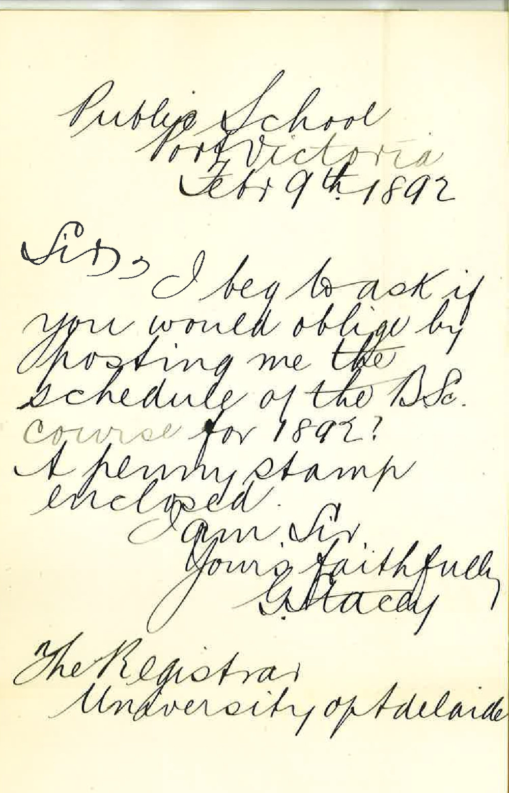 G Stacy - Public School - Port Victoria - Asks for Schedule for BSc for 1892