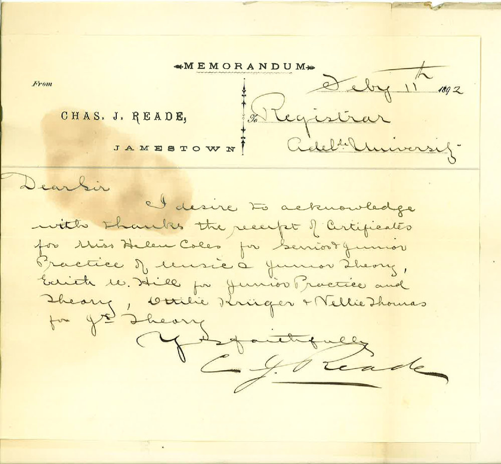 Charles J Reade - Jamestown - Thanks for Certificates
