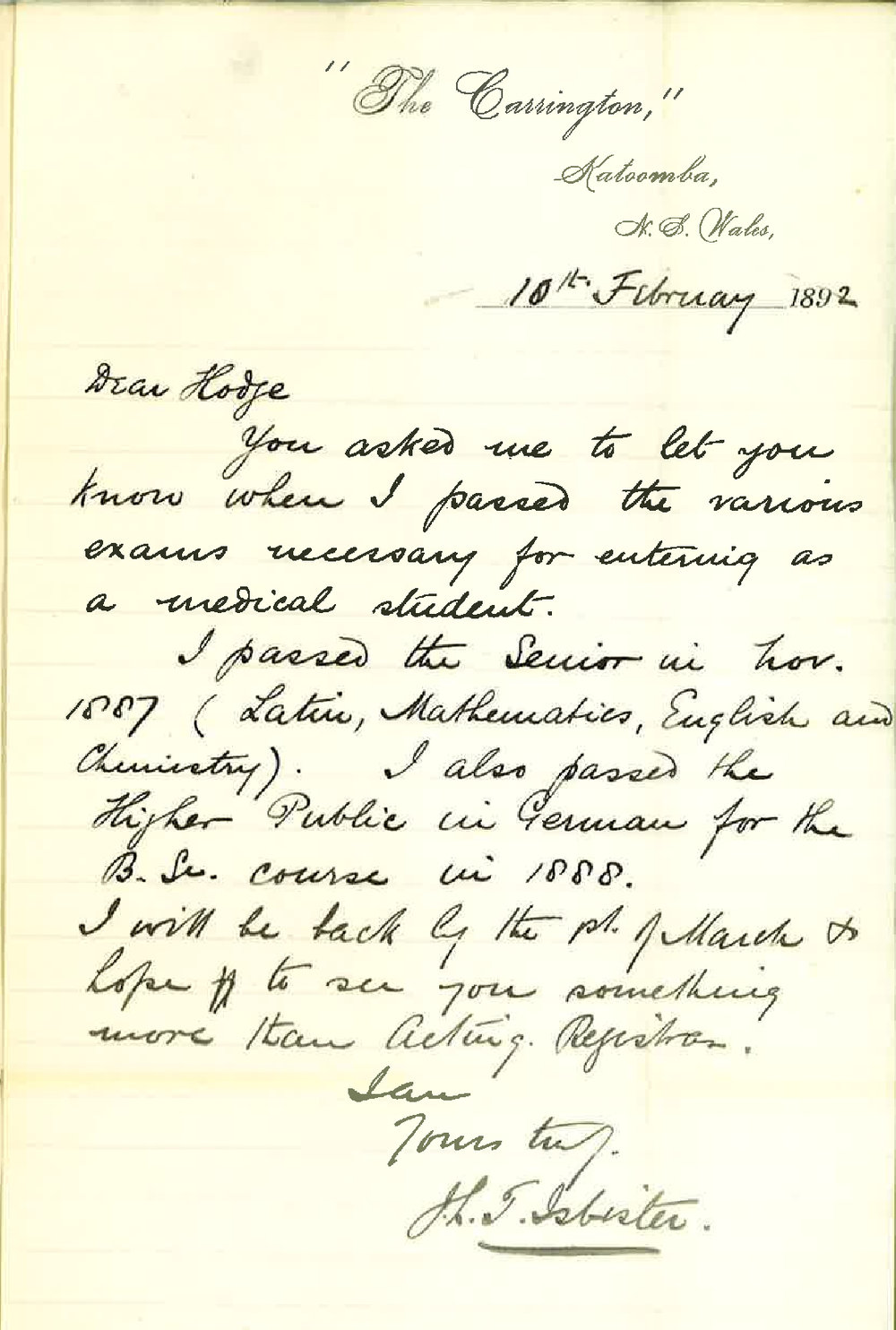 James Linklater Thomson Isbister - Katoomba NSW - Regarding his Qualifications for Entering as Medical Student