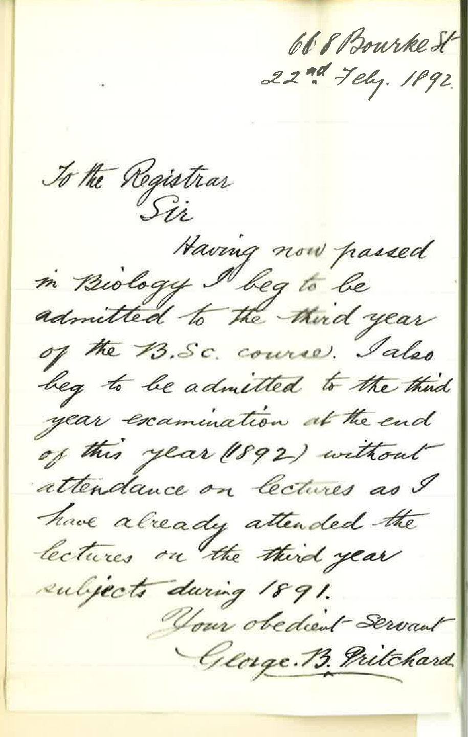 George Baxter Pritchard - Melbourne - Applying to be Admitted to Third Year BSc