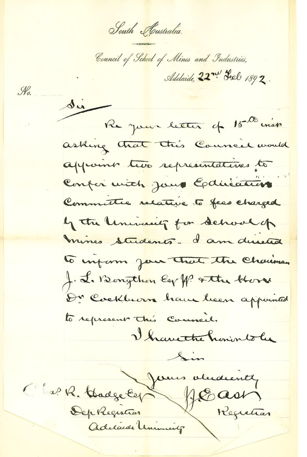 Registrar - Council of School of Mines and Industries - Adelaide - Conferring with the University Education Committee Relative to Fees