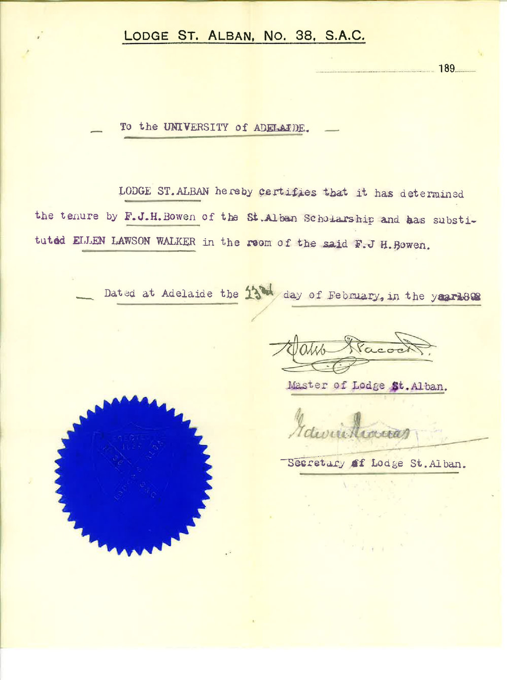 J Edwin Thomas - Lodge St Alban - Nominates Miss Walker St Alban Scholar