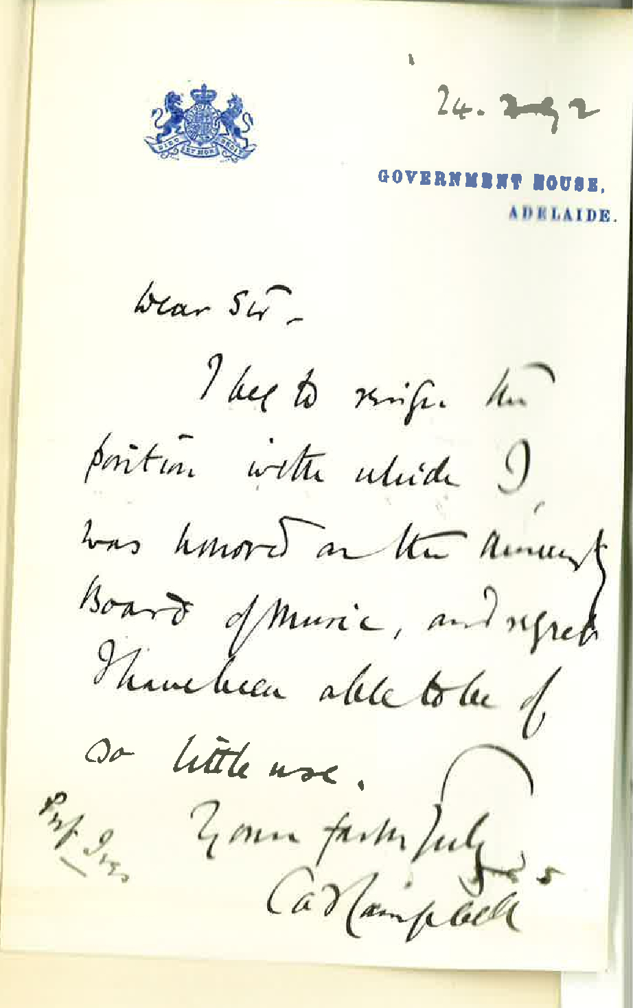 C A Campbell - Government House - Resigns Position on Board Musical Studies