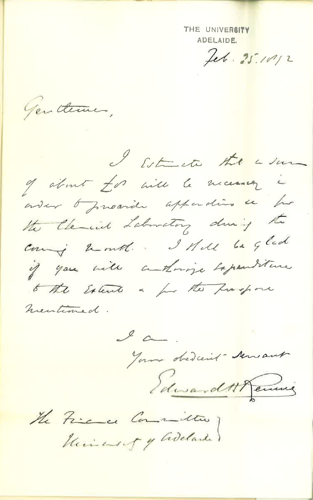Professor Edward Henry Rennie - The University - Grant of &pound;8 for Chemical Laboratory