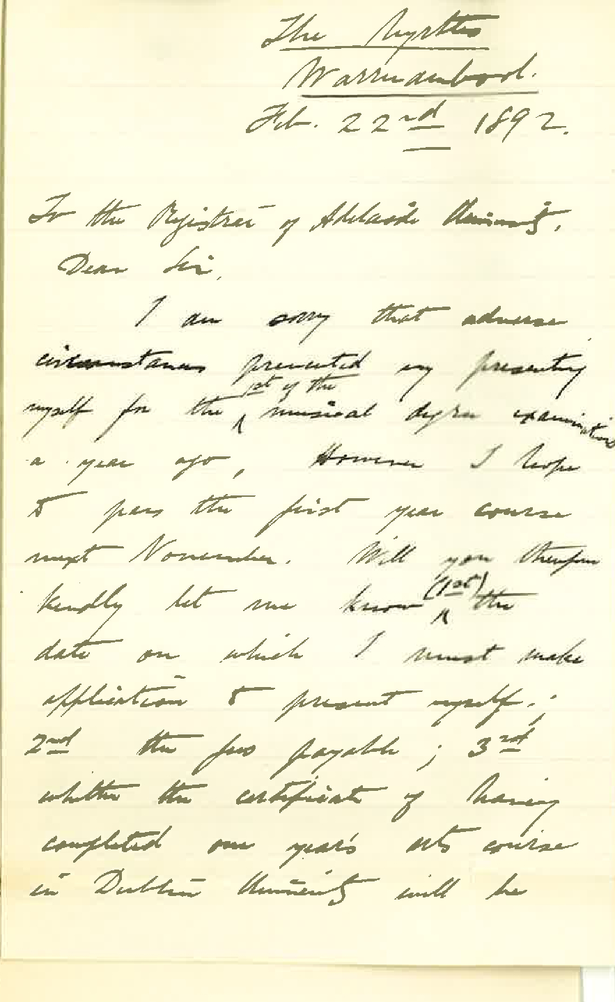 J Alfred Johnstone - Warrnambool - Information Regarding Music Course